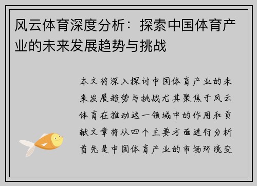风云体育深度分析：探索中国体育产业的未来发展趋势与挑战